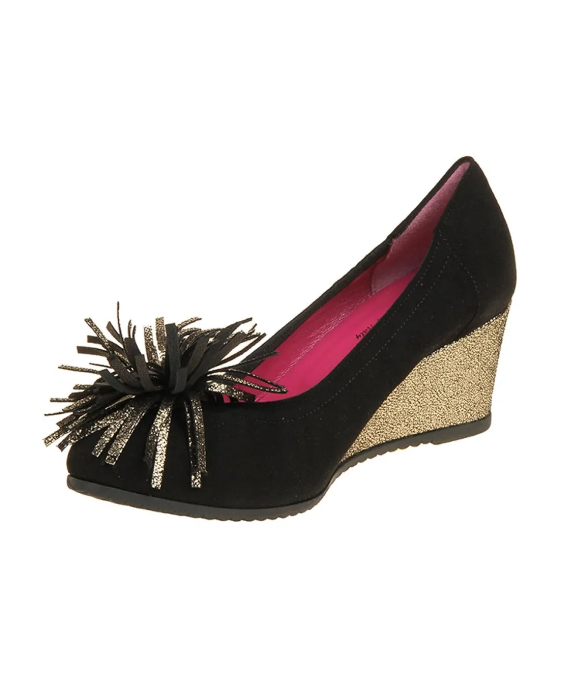 decolt_le_babe_in_camosci_3.webp Decolté LE BABE in camoscio nero con zeppa laminata oro Donna