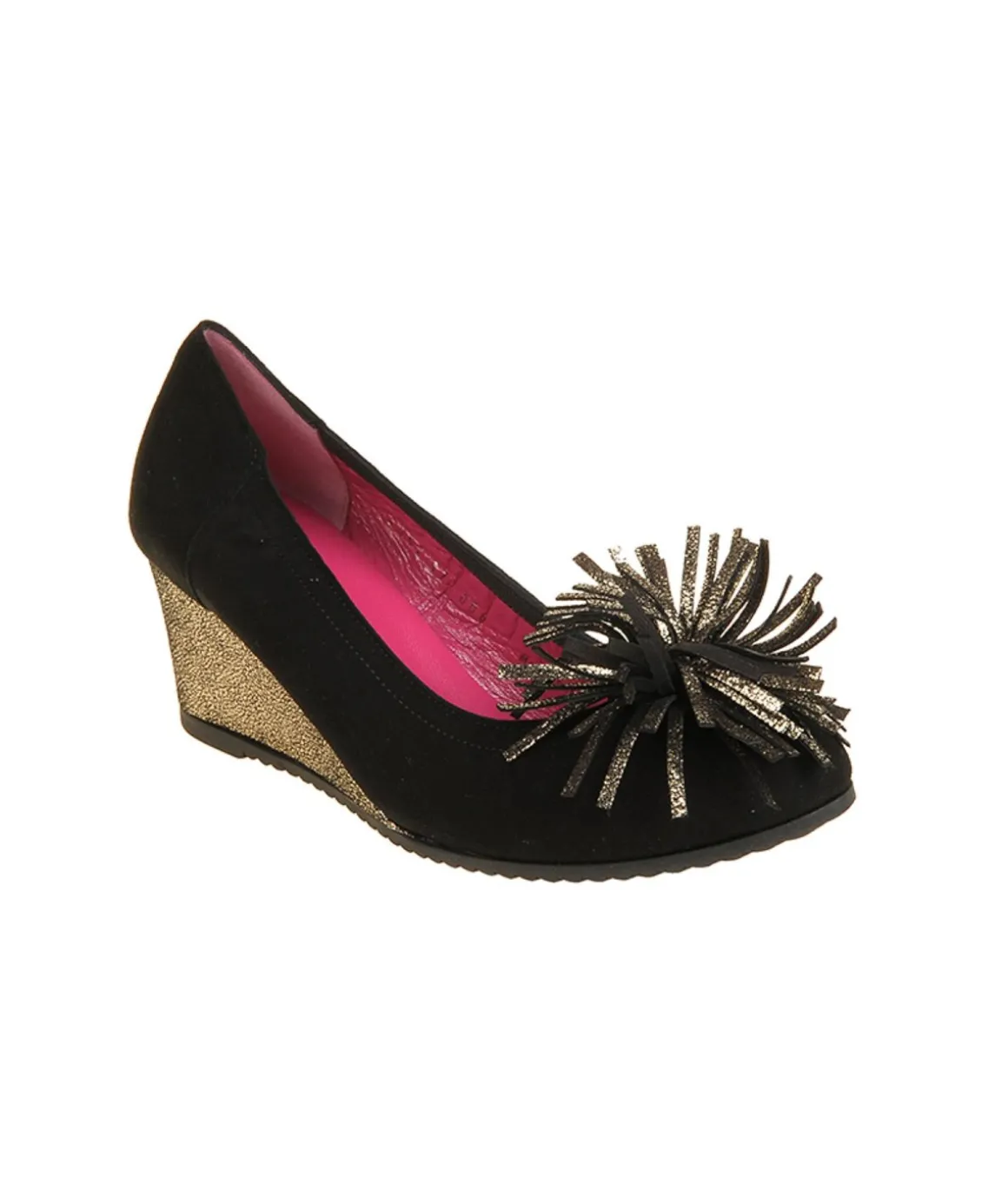 decolt_le_babe_in_camosci_4.webp Decolté LE BABE in camoscio nero con zeppa laminata oro Donna